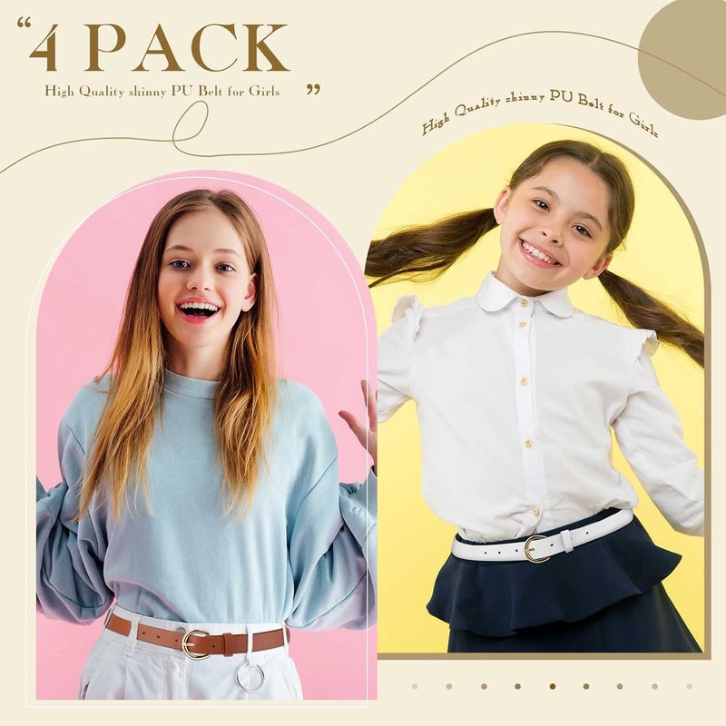 Janmercy 4 Pack Belts for Girls Kids Leather Skinny Belt Color Strappy waistband with Double O Ring Buckle, 4 Colors - Image 3